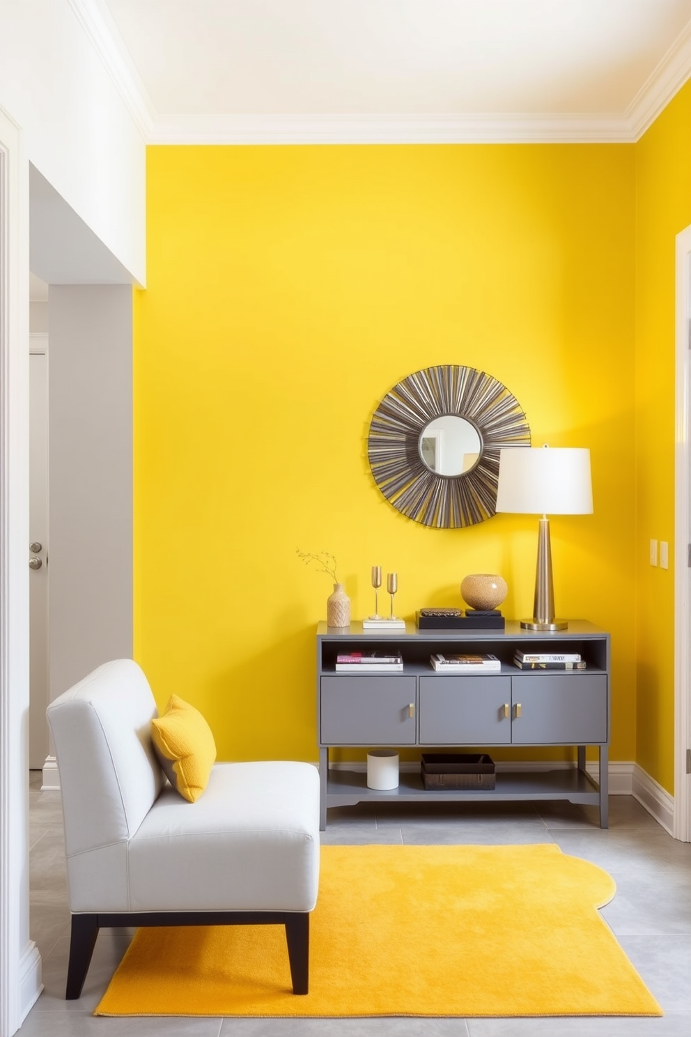 A bright and inviting foyer features a stunning yellow accent wall that sets a cheerful tone for the space. Complementing the wall, a sleek gray console table stands against it, adorned with decorative items and a stylish lamp. The floor is finished with light gray tiles that add a modern touch while providing a neutral base. A vibrant yellow area rug lies beneath a small seating area, creating a cozy nook for guests to relax.