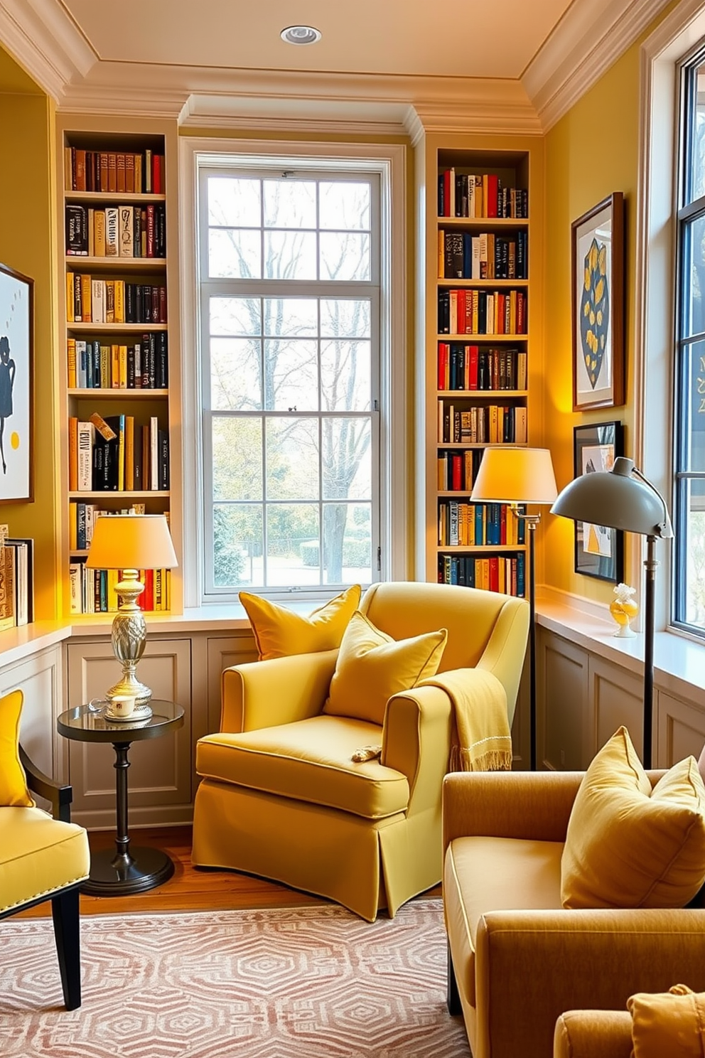 Cozy reading nook with yellow accents. A plush armchair in soft yellow fabric is positioned next to a large window, inviting natural light to fill the space. Surrounding the chair are built-in bookshelves filled with an array of colorful books. A small side table holds a steaming cup of tea and a decorative lamp with a warm glow. Yellow throw pillows and a matching blanket add comfort and warmth to the nook. A patterned area rug anchors the space, enhancing the inviting atmosphere. Yellow home library design ideas. The library features a harmonious blend of yellow and neutral tones, creating a bright and cheerful environment. Comfortable seating areas are strategically placed for reading and relaxation, with ample lighting from stylish floor lamps. Artwork with yellow accents adorns the walls, adding personality and charm to the space. A large window provides a view of the outdoors, making the library feel open and airy.