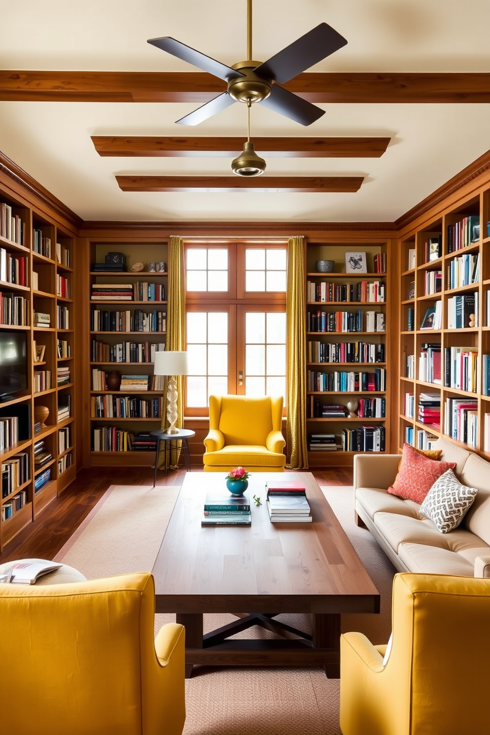 A cozy home library filled with natural light. The walls are painted a soft yellow, complemented by white built-in bookshelves overflowing with books. A comfortable reading nook features a plush white armchair and a yellow throw blanket draped over the side. A stylish yellow area rug anchors the space, while a white coffee table holds a stack of books and a small potted plant.