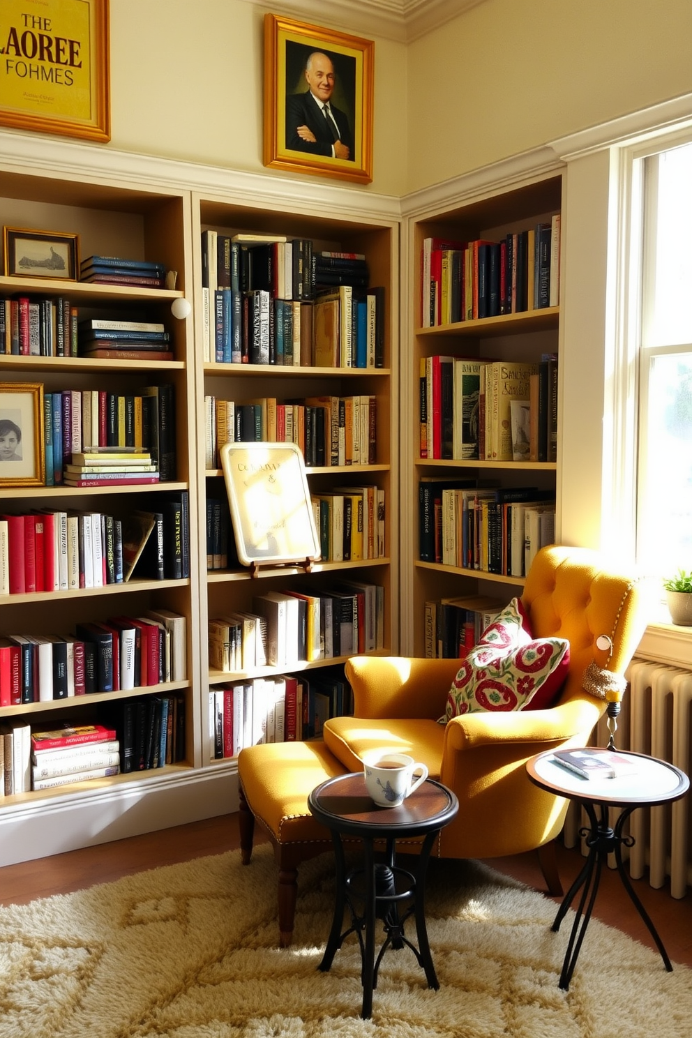 A cozy home library with yellow framed artwork adorning the walls. The shelves are filled with books of various sizes, and a comfortable reading chair sits in the corner, bathed in natural light from a nearby window. The walls are painted in a soft cream color, creating a warm and inviting atmosphere. A plush rug lies underfoot, and a small side table holds a steaming cup of tea, inviting relaxation and reading.