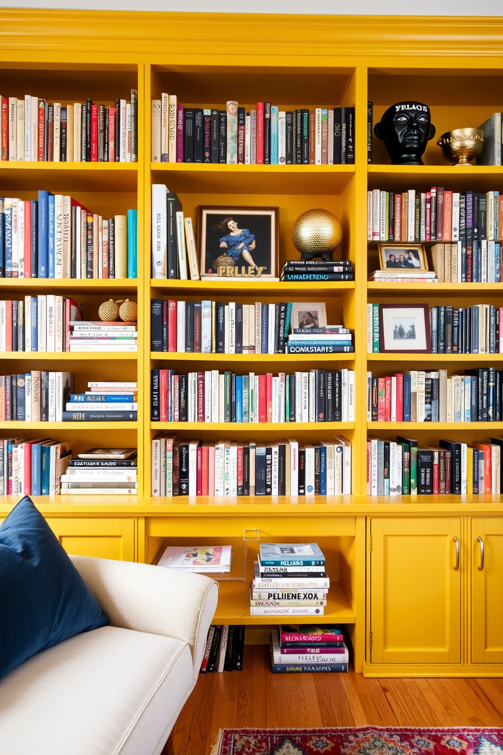 A cozy home library featuring open shelving painted in bold yellow. The shelves are filled with an eclectic mix of books and decorative items, creating a vibrant and inviting atmosphere.