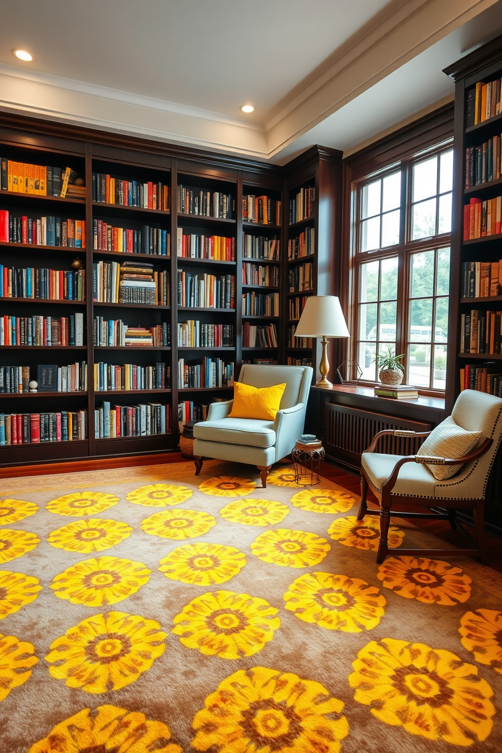 A cozy home library featuring a plush rug adorned with vibrant yellow patterns that harmoniously ties the room together. The walls are lined with dark wooden bookshelves filled with an array of books, and a comfortable reading nook with a soft armchair is positioned near a large window.