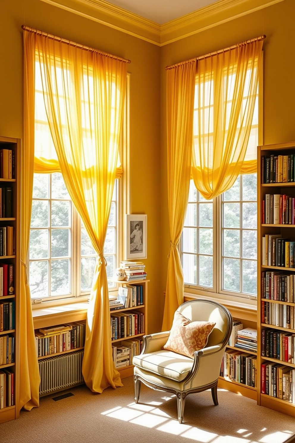 A cozy home library filled with natural light. The walls are painted a soft yellow, and large windows are adorned with flowing yellow curtains that enhance the sunny atmosphere. Bookshelves line the walls, filled with an array of colorful books. A comfortable reading chair in a complementary shade sits in the corner, inviting you to relax and enjoy a good book.