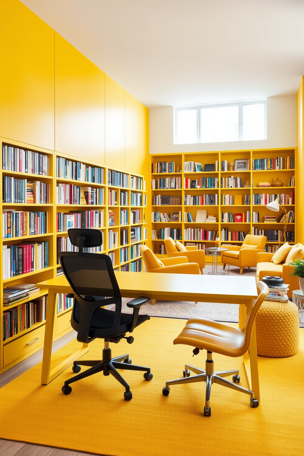 A stylish yellow desk is positioned in a bright and airy workspace. The desk features sleek lines and is paired with a comfortable ergonomic chair, creating an inviting environment for productivity. The home library is designed with vibrant yellow accents that energize the space. Bookshelves line the walls, filled with a curated selection of books, while cozy seating areas invite relaxation and reading.