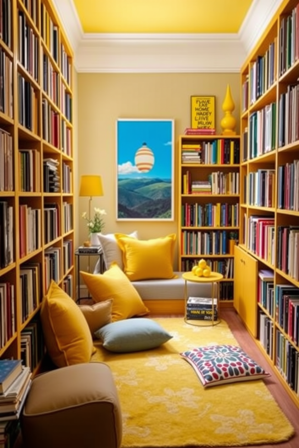 A sophisticated home library featuring yellow and gray tones. The walls are painted a soft yellow while the shelves are a rich gray, filled with an array of books and decorative items. A large gray sectional sofa is placed in the center, adorned with yellow accent pillows. A sleek yellow coffee table sits in front, complemented by a stylish gray area rug beneath.