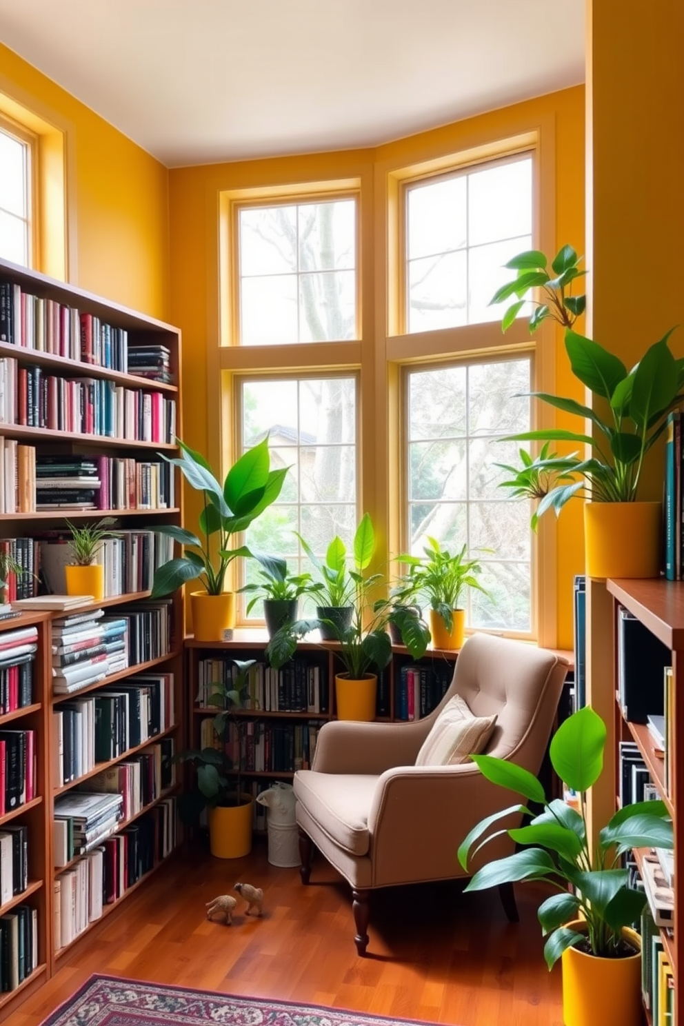 A cozy home library with a yellow ceiling that adds a unique touch to the space. The walls are lined with built-in wooden bookshelves filled with an array of books, while a plush reading nook features a comfortable armchair and a small side table. Large windows allow natural light to flood the room, enhancing the warm yellow tones. A soft area rug anchors the seating area, and a vintage-style floor lamp provides additional lighting for late-night reading sessions.