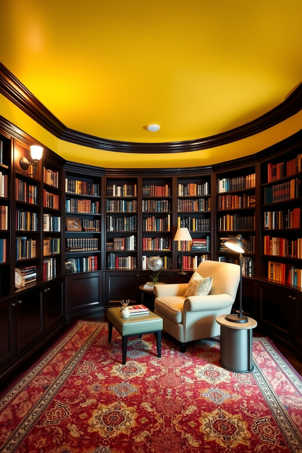 A contemporary home library featuring floating yellow shelves that create a modern and vibrant atmosphere. The shelves are arranged asymmetrically on a crisp white wall, showcasing an array of colorful books and decorative items.