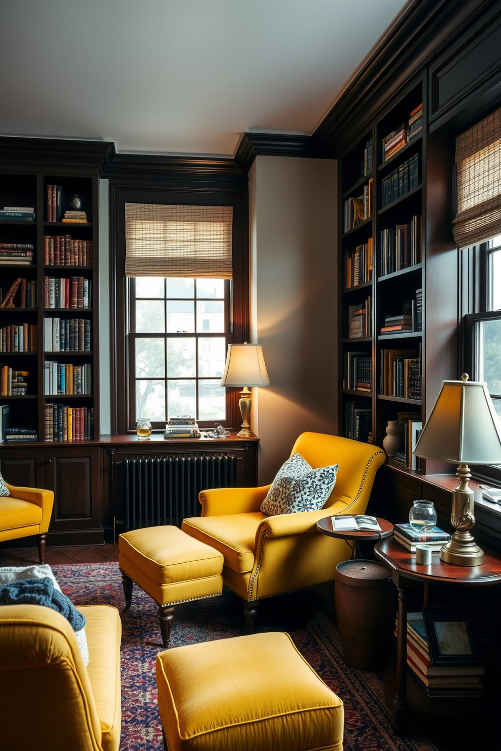 A cozy home library filled with natural light. The walls are lined with built-in bookshelves showcasing an array of books and yellow decorative accents like vases and picture frames. A plush reading nook features a comfortable armchair upholstered in soft fabric with yellow throw pillows. A sleek wooden coffee table sits nearby, adorned with a stack of books and a bright yellow decorative bowl.