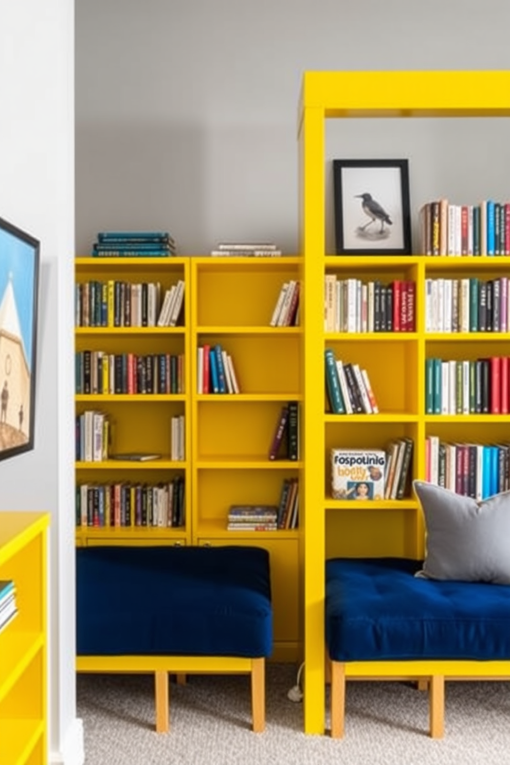 Bright yellow bookshelves create a vibrant contrast against the soft gray walls of the home library. Plush seating in deep blue complements the shelves, inviting readers to relax and explore their favorite books.