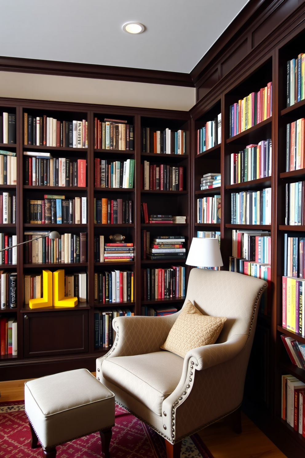 A cozy home library featuring bright yellow bookends that add a vibrant pop of color to the shelves. The walls are lined with dark wood bookshelves filled with a variety of books, and a plush reading chair sits in the corner, inviting relaxation.