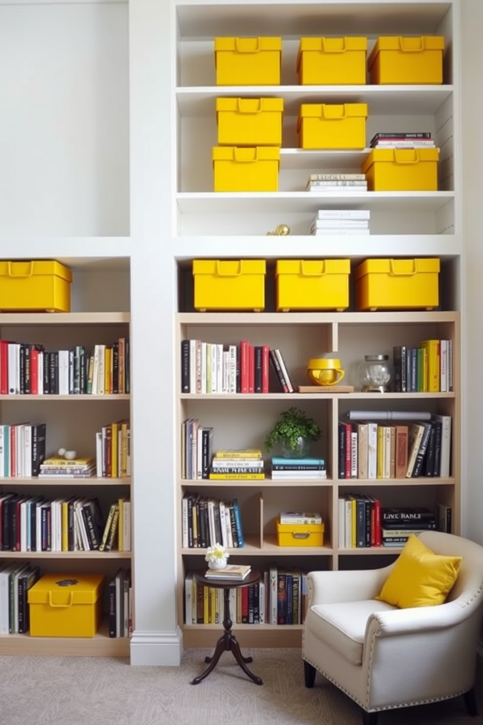 A cozy reading nook featuring yellow bean bags arranged around a low coffee table. The walls are lined with bookshelves filled with colorful books, and soft lighting creates a warm atmosphere. A stylish home library designed with yellow accents and comfortable seating. Large windows allow natural light to flood the space, highlighting the rich wooden bookshelves and a plush area rug.