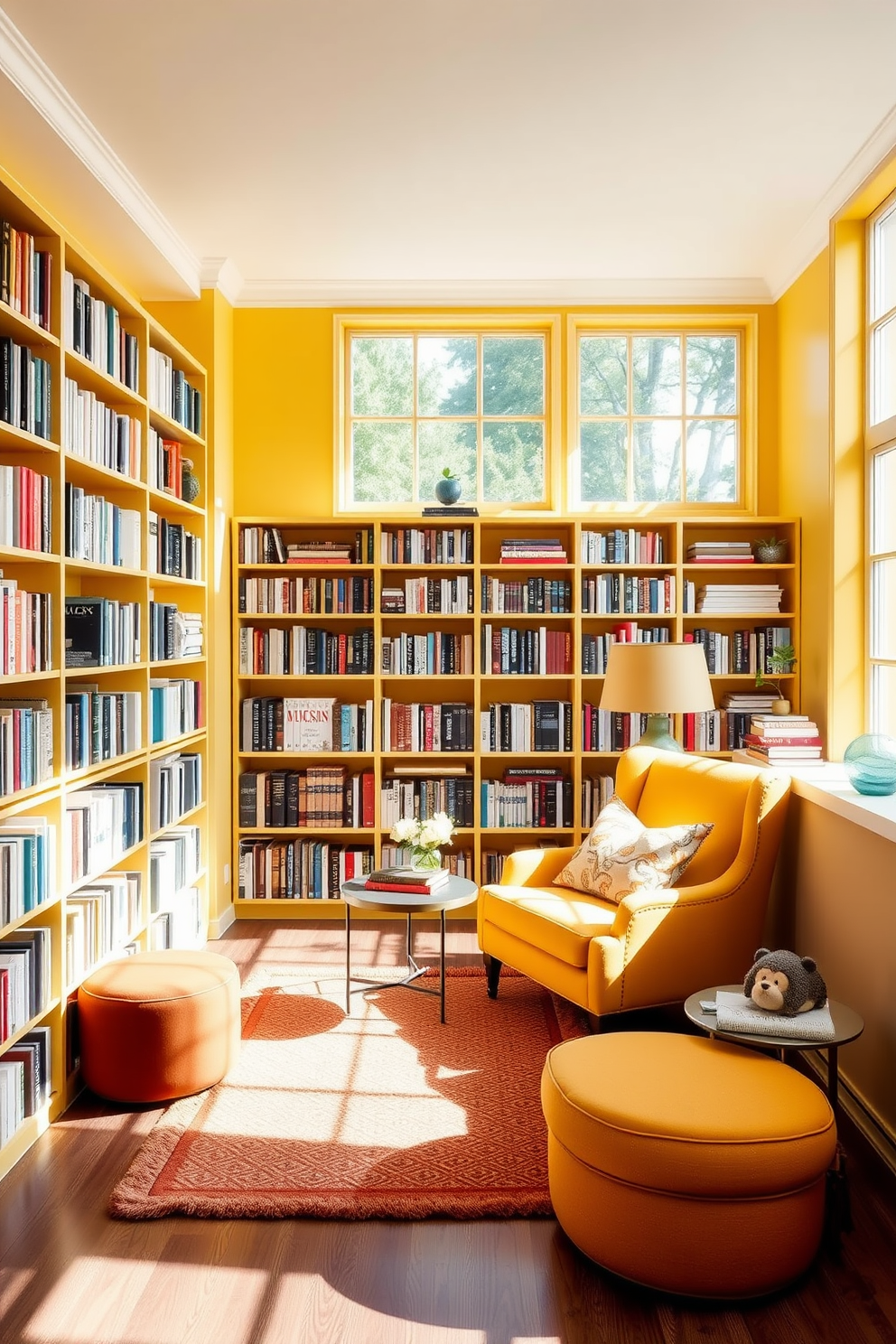 A cozy reading corner featuring a yellow accent chair positioned next to a small round side table. The walls are lined with bookshelves filled with an array of books, and a warm, inviting rug is placed on the floor beneath the chair. A bright yellow home library designed with comfortable seating and ample natural light. Large windows allow sunlight to flood the space, creating an inspiring atmosphere for reading and relaxation.