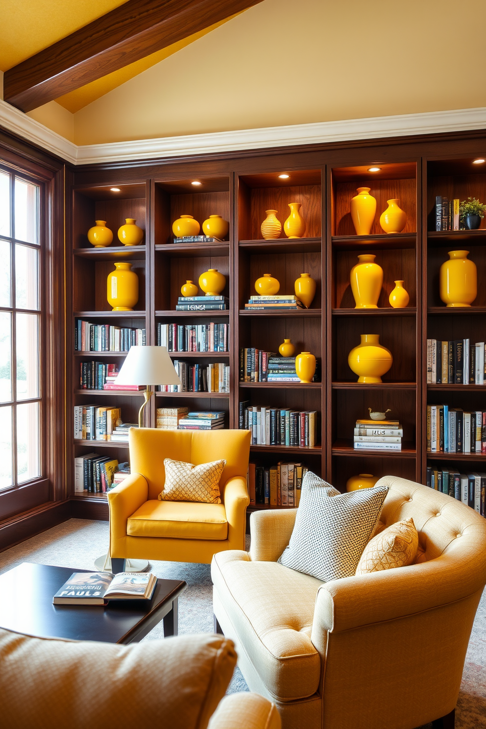 A cozy home library with yellow walls and blue accents. Shelves filled with books line the walls, while a plush blue armchair invites reading in a sunlit corner. A wooden desk with a blue finish sits against one wall, accompanied by a yellow desk lamp. A vibrant area rug in shades of yellow and blue adds warmth to the space.