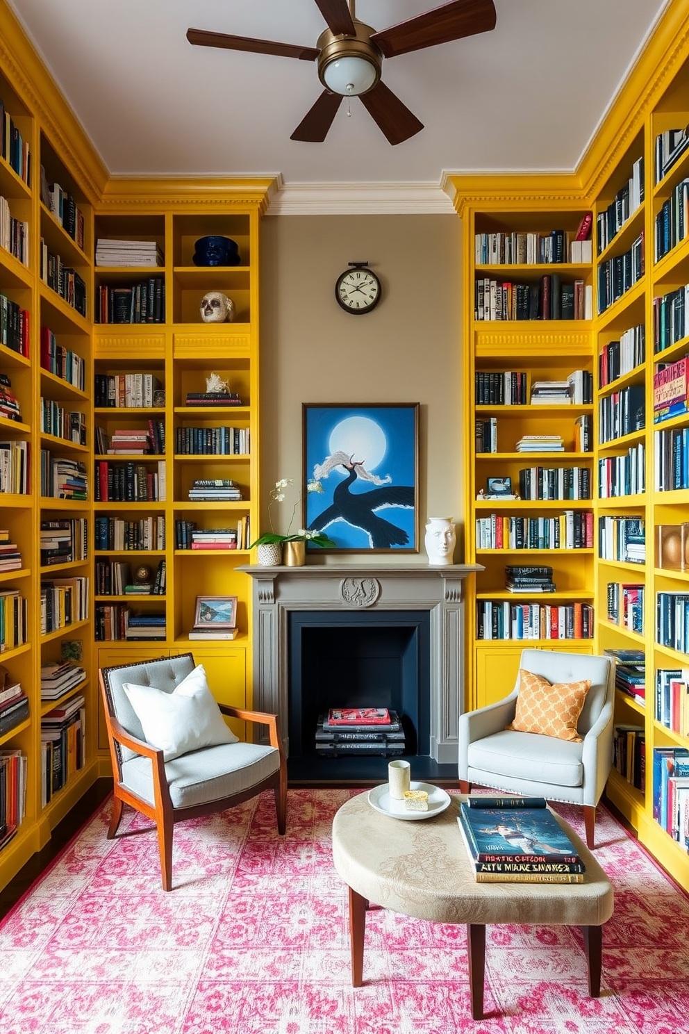 A stunning home library features floor-to-ceiling yellow bookcases that create a bold and inviting atmosphere. The shelves are filled with an eclectic mix of books and decorative items, providing both functionality and style.