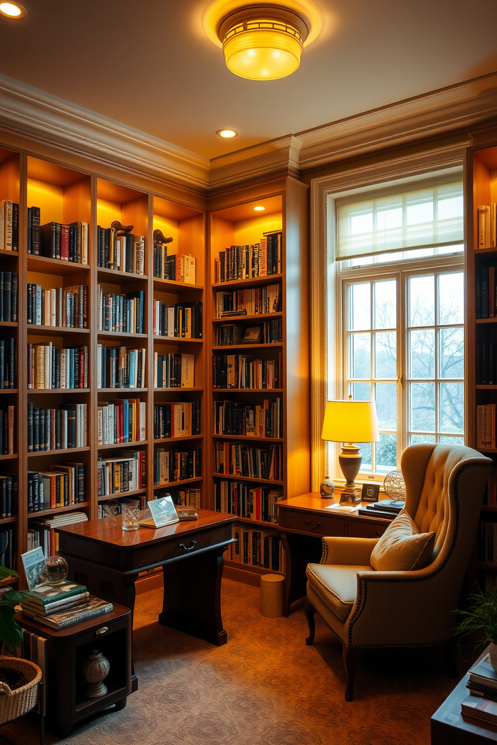 A cozy home library bathed in warm yellow lighting. The shelves are filled with books, and a comfortable reading chair is positioned near a large window. Soft yellow lighting fixtures illuminate the space, creating a welcoming atmosphere. A wooden desk sits in the corner, adorned with a stylish lamp and decorative accessories.