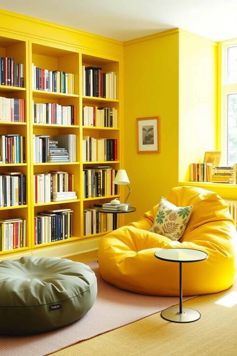 Bright yellow bean bags for casual seating. The room is filled with natural light, creating a warm and inviting atmosphere. Yellow home library design ideas. The shelves are lined with books, and a cozy reading nook features a yellow armchair paired with a small side table.