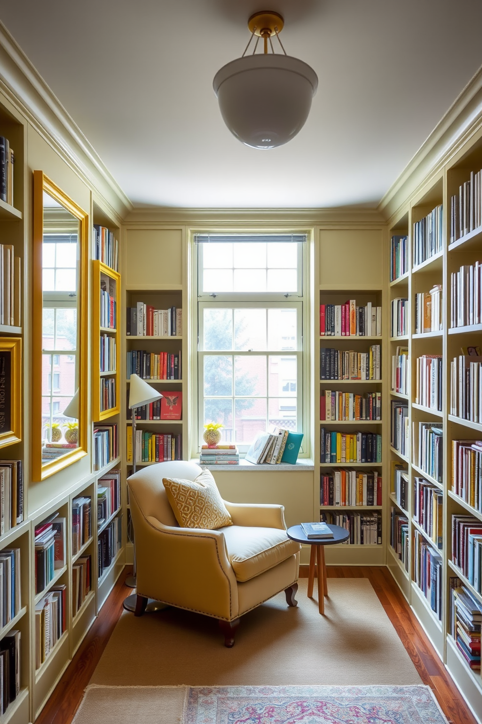 A cozy home library with yellow framed mirrors that enhance brightness. The walls are lined with built-in bookshelves filled with colorful books, and a comfortable reading nook is positioned near a window. Soft yellow accents throughout the space create a warm atmosphere. A plush armchair and a small side table invite you to relax and enjoy your favorite reads.