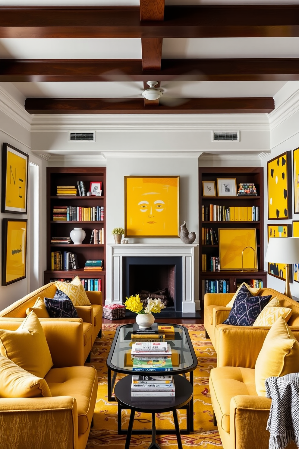 A vibrant home library filled with colorful yellow art pieces that inspire creativity. The walls are adorned with a gallery of abstract yellow paintings, complemented by plush seating in coordinating hues.