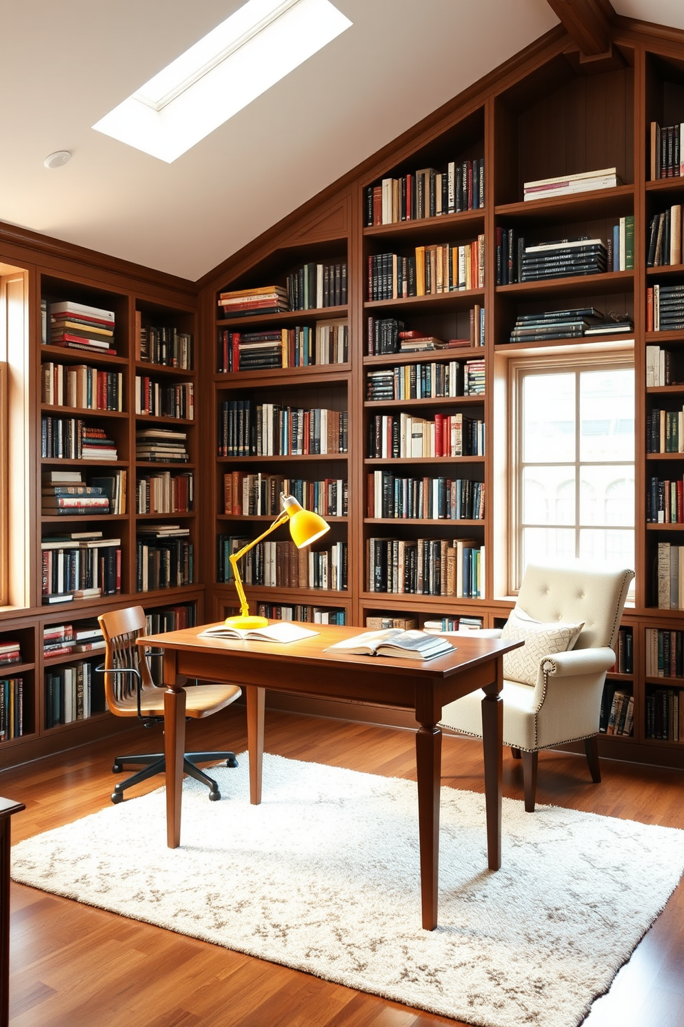 A cozy home library featuring a yellow desk lamp that provides focused lighting for reading and studying. The walls are lined with built-in bookshelves filled with an array of books, and a comfortable armchair is positioned nearby for a perfect reading nook. The library has a warm and inviting atmosphere with a soft area rug underfoot. Natural light filters in through large windows, complemented by the cheerful glow of the yellow desk lamp on the wooden desk.