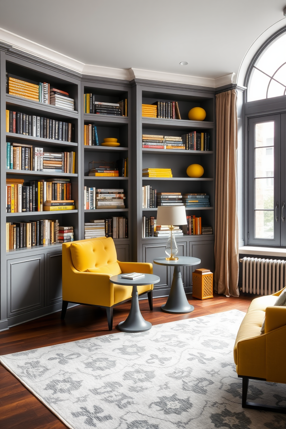 A sophisticated home library featuring a yellow and gray color scheme. The walls are painted a soft gray, while the shelves are filled with books and accented with yellow decorative items. A plush yellow armchair sits in the corner, paired with a sleek gray side table. A large window allows natural light to flood the space, highlighting a gray area rug that complements the overall design.