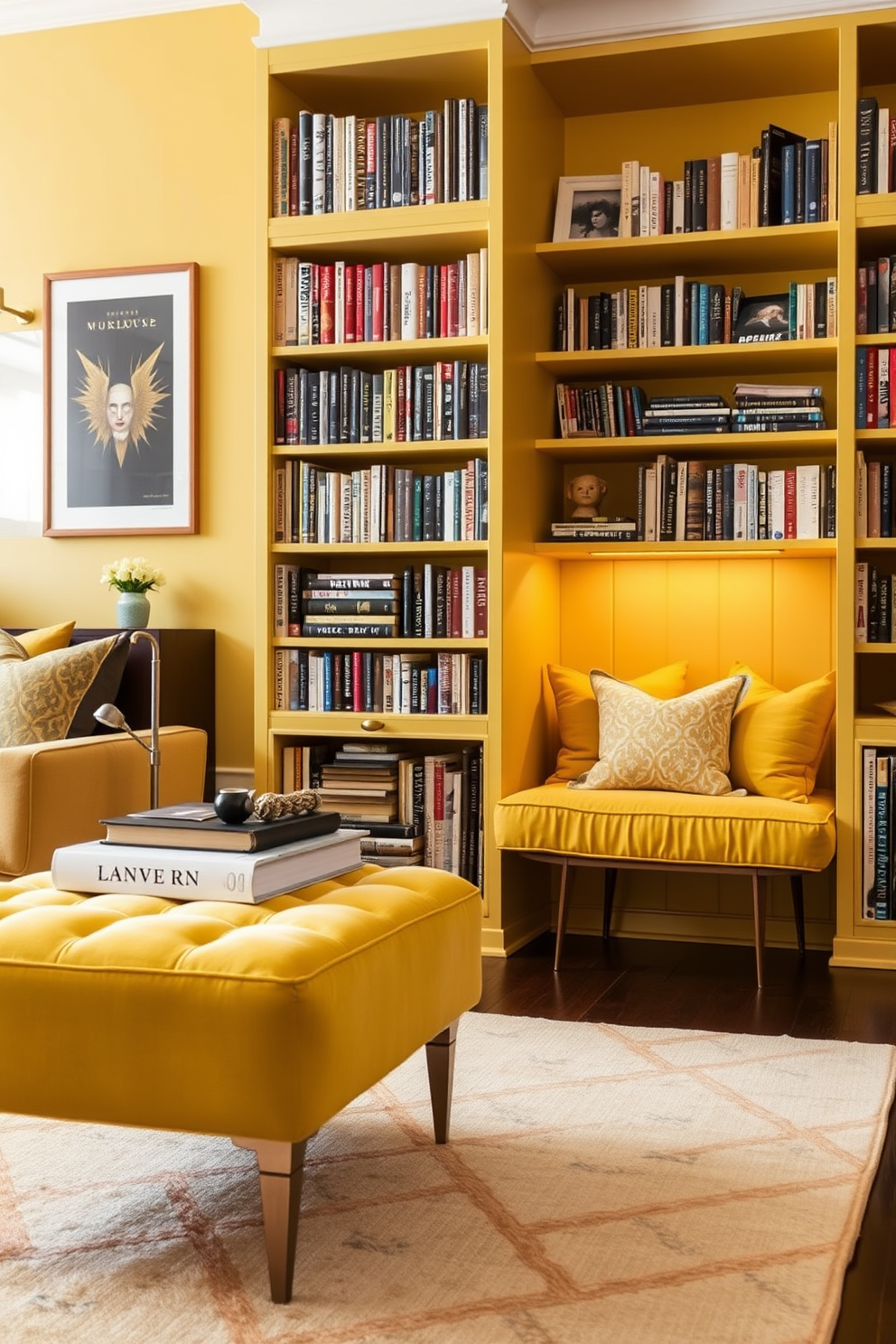 A stylish yellow ottoman serves as versatile seating in a cozy living space. It features a plush fabric upholstery and elegant gold legs, adding a pop of color and sophistication. The yellow home library design exudes warmth and creativity. Shelves lined with books are complemented by a comfortable reading nook, adorned with vibrant cushions and soft lighting.