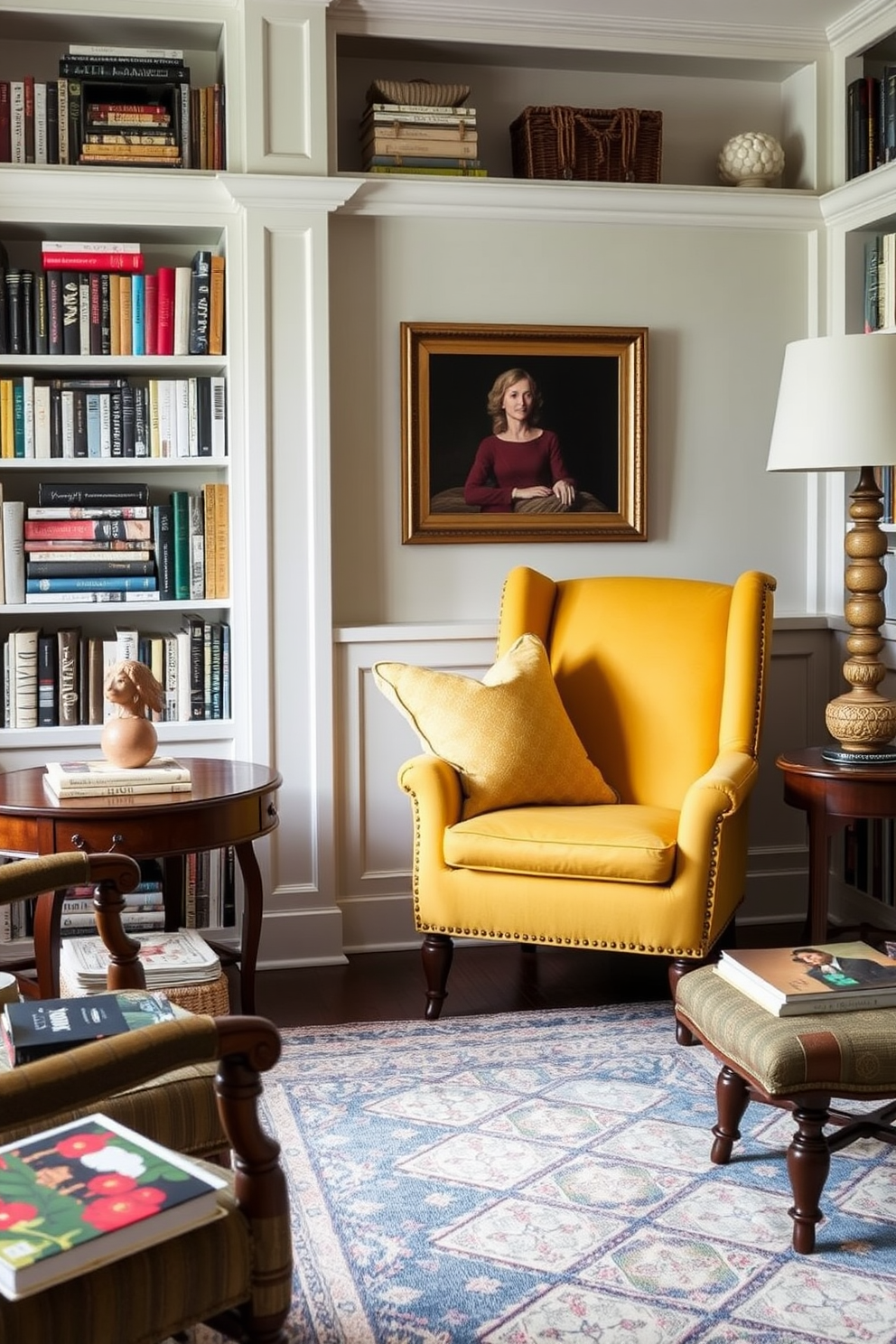 A cozy home library featuring yellow accents blended with neutral tones. The walls are painted in a soft beige, while the furniture includes a yellow upholstered armchair and a neutral-colored sofa. Bookshelves line the walls, filled with books and decorative items that complement the yellow theme. A large window allows natural light to fill the space, with sheer white curtains adding an airy feel.