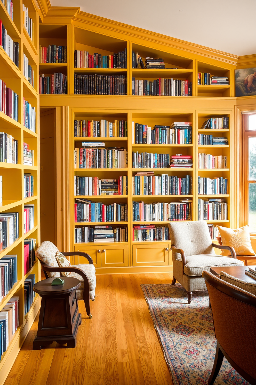 A cozy home library featuring yellow patterned rugs that add texture to the space. The walls are lined with dark wooden bookshelves filled with an array of books, and a comfortable reading nook is positioned by a large window. In the center of the room, a plush yellow armchair invites relaxation, paired with a sleek side table for beverages. Soft lighting from a vintage lamp creates a warm and inviting atmosphere perfect for reading.