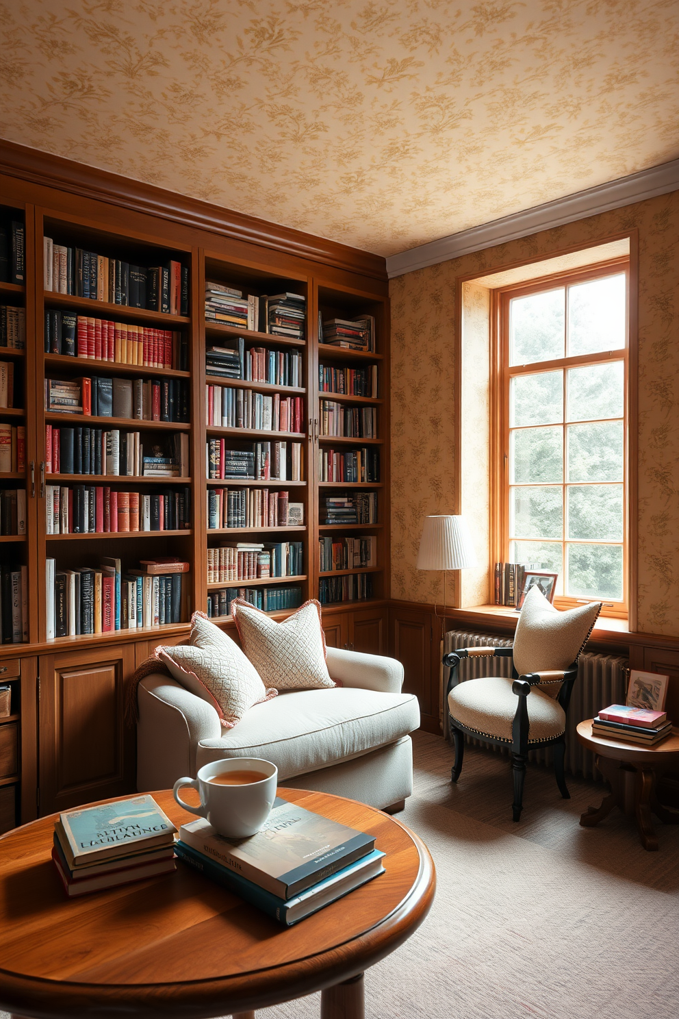 A bright and inviting home library featuring yellow framed artwork that adds a cheerful touch to the space. The walls are lined with bookshelves filled with colorful books, and a cozy reading nook with a plush armchair is positioned near a window for natural light. The library's design incorporates a warm yellow color palette, creating an uplifting atmosphere. Soft lighting fixtures are strategically placed to enhance the cheerful decor while providing ample illumination for reading.