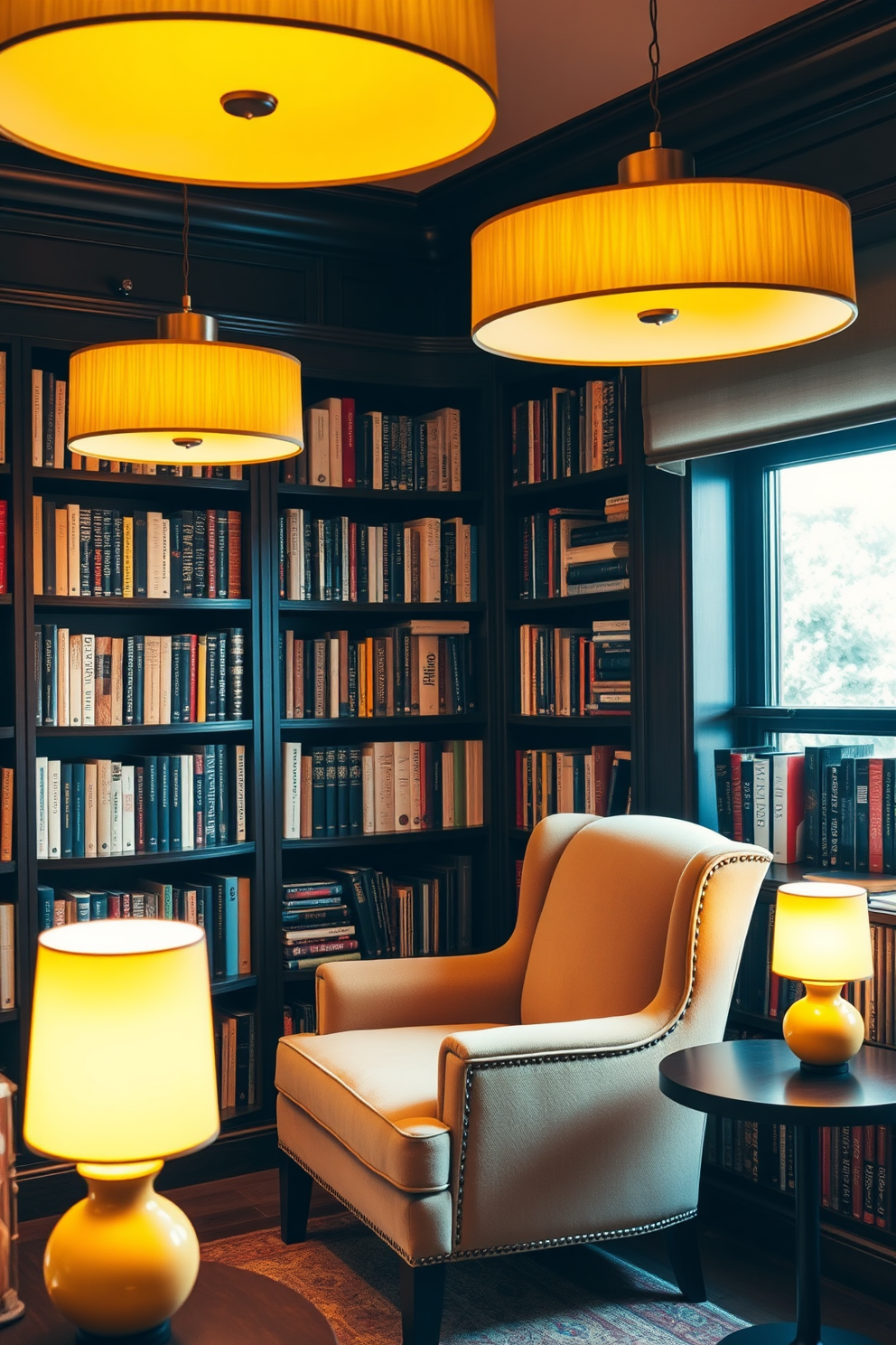 A cozy home library featuring layered lighting with yellow lampshades that create a warm and inviting atmosphere. The walls are lined with dark wooden bookshelves filled with a variety of books, while a plush armchair sits in the corner, accompanied by a small side table.