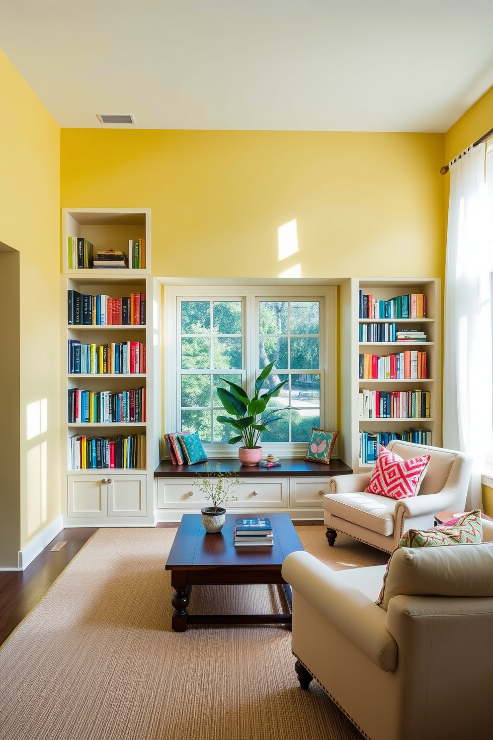 Accent wall painted in soft yellow hue. The room features built-in bookshelves filled with colorful books and a cozy reading nook with a plush armchair. Natural light filters through large windows adorned with sheer white curtains. A wooden coffee table sits in the center, surrounded by vibrant cushions and a small indoor plant.