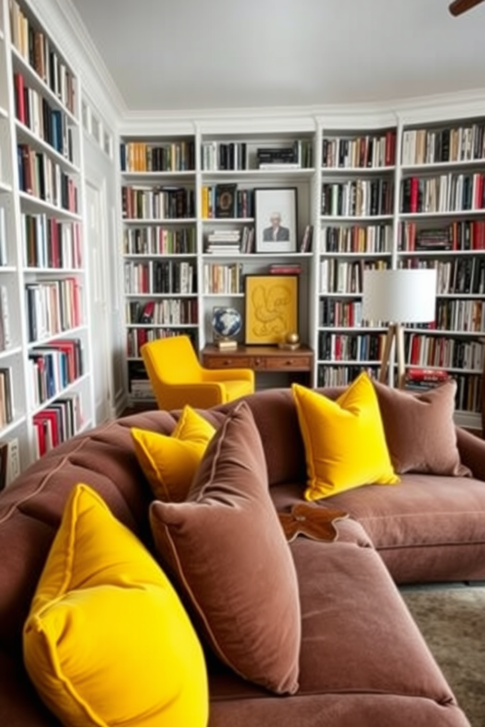 A cozy living room featuring a plush sofa adorned with vibrant yellow throw pillows that add a cheerful touch. The walls are lined with bookshelves filled with an array of books, creating a warm and inviting home library atmosphere. A stylish home library showcasing a combination of modern and vintage elements. The space includes a comfortable reading nook with a yellow accent chair and a sleek wooden desk, providing an ideal spot for study and relaxation.