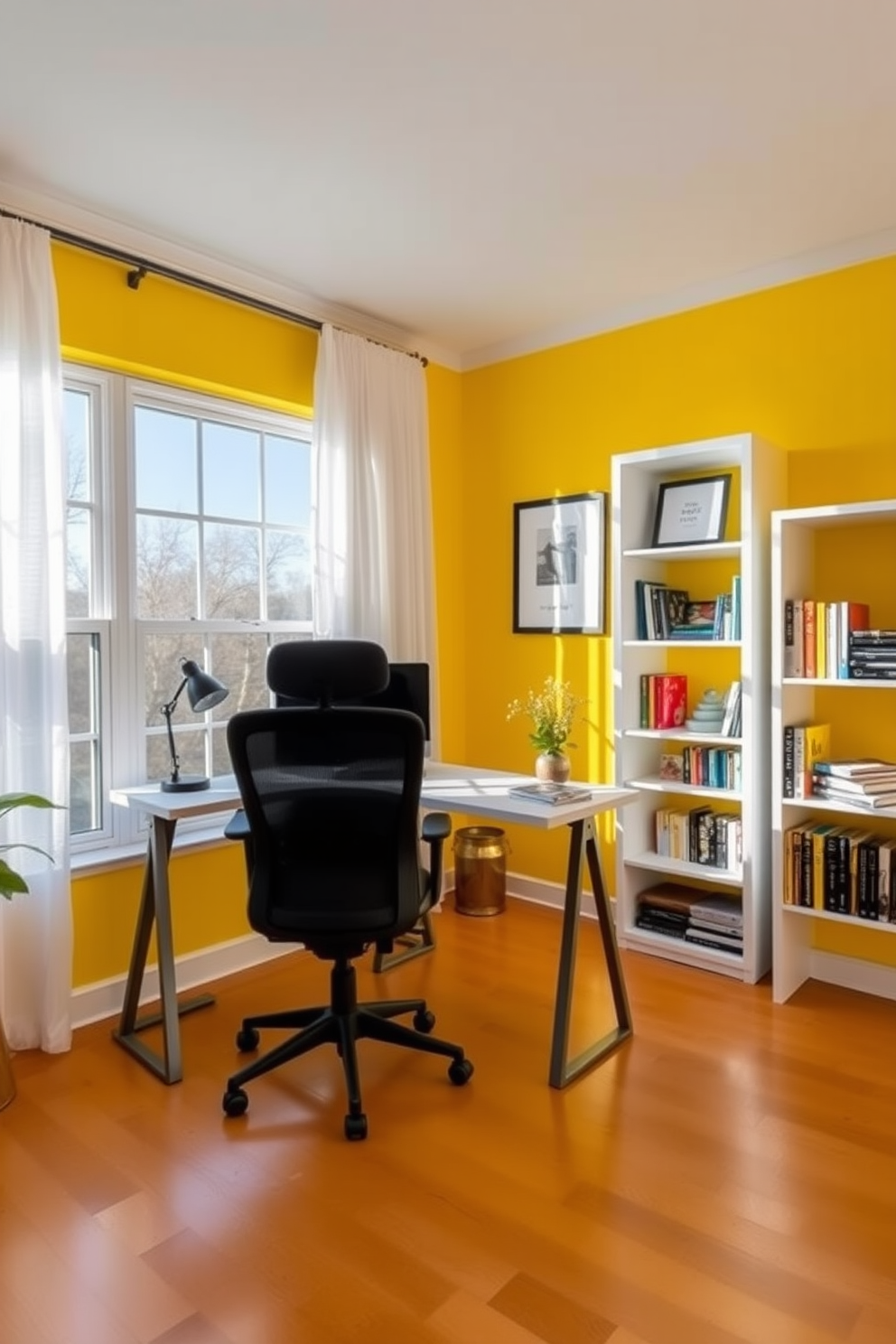 A bright yellow accent wall energizes the space and creates a cheerful atmosphere. The home office features a sleek desk with a minimalist design, paired with a comfortable ergonomic chair. Natural light floods the room through large windows adorned with sheer white curtains. A stylish bookshelf against the opposite wall showcases colorful decor and inspiring books.