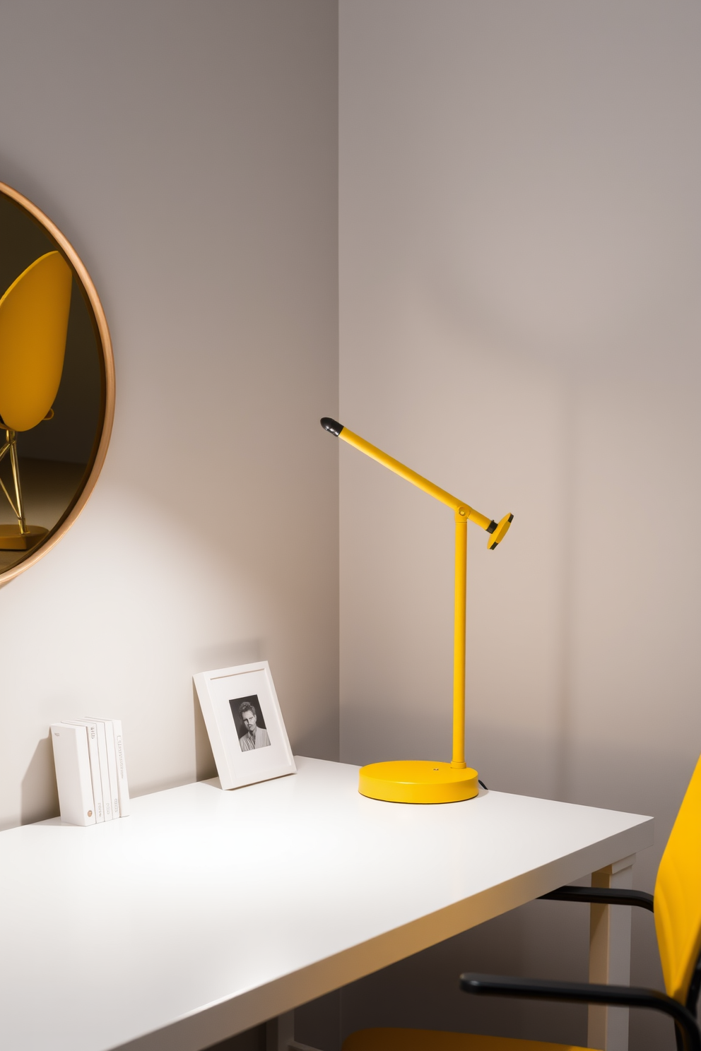 A bright and inviting home office featuring a sleek white desk with yellow desk accessories that add a pop of color. The walls are painted in a soft gray tone, creating a perfect backdrop for the vibrant yellow accents. A comfortable ergonomic chair in a cheerful yellow hue complements the workspace. Large windows allow natural light to flood the room, enhancing the warm and productive atmosphere.