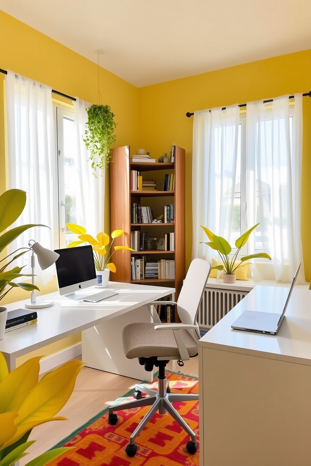 A bright and inviting home office featuring yellow plants that add a fresh touch to the space. The walls are painted in a soft yellow hue, complemented by a sleek white desk and a comfortable ergonomic chair. Natural light floods the room through large windows adorned with sheer white curtains. A stylish bookshelf filled with books and decorative items stands against one wall, while a vibrant rug anchors the seating area.