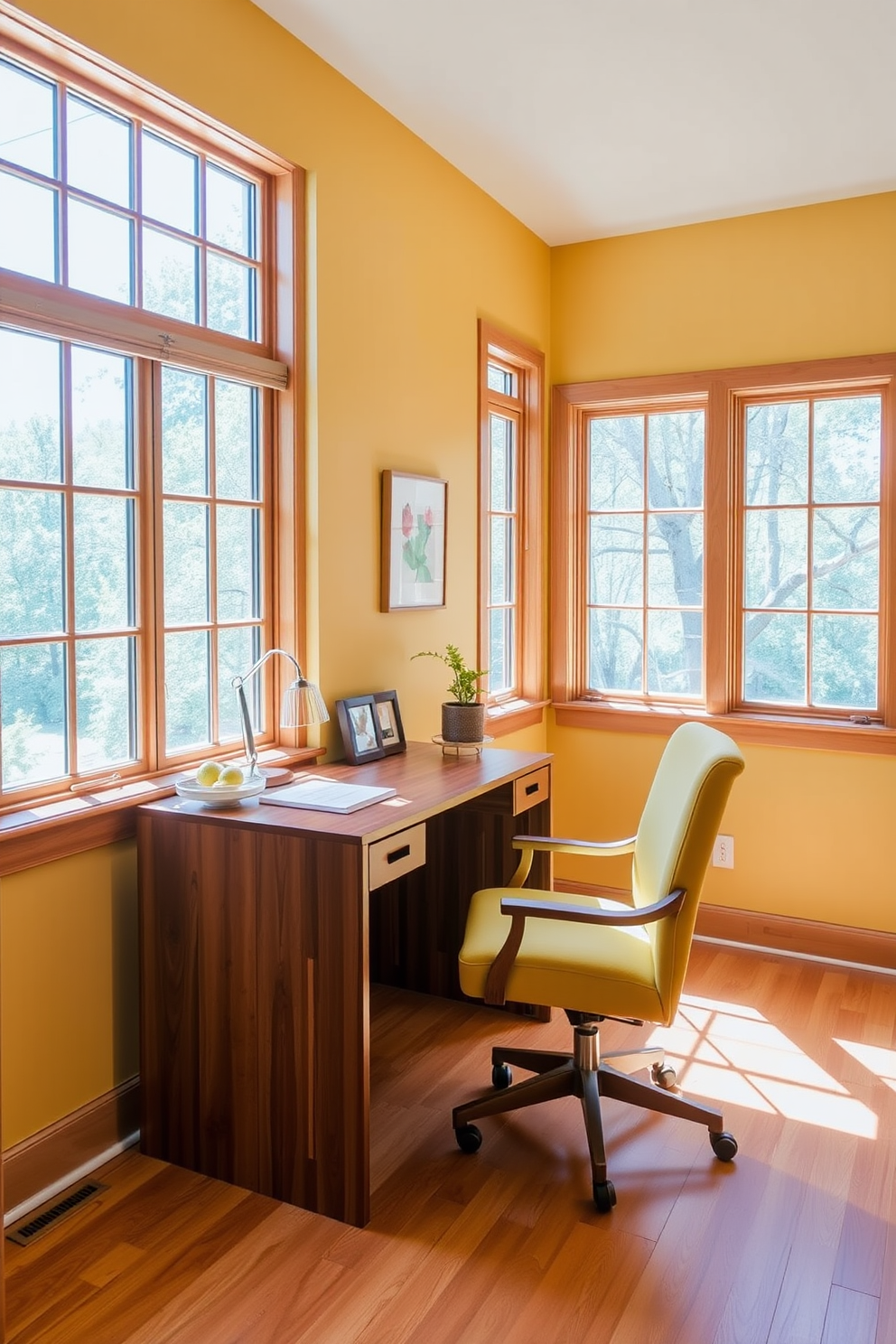 A bright and inviting home office setting. The office chair is adorned with vibrant yellow throw pillows that add a cheerful touch to the space. The walls are painted in a soft white, creating a clean backdrop for the yellow accents. A sleek wooden desk sits against the wall, complemented by a stylish desk lamp and a few potted plants.