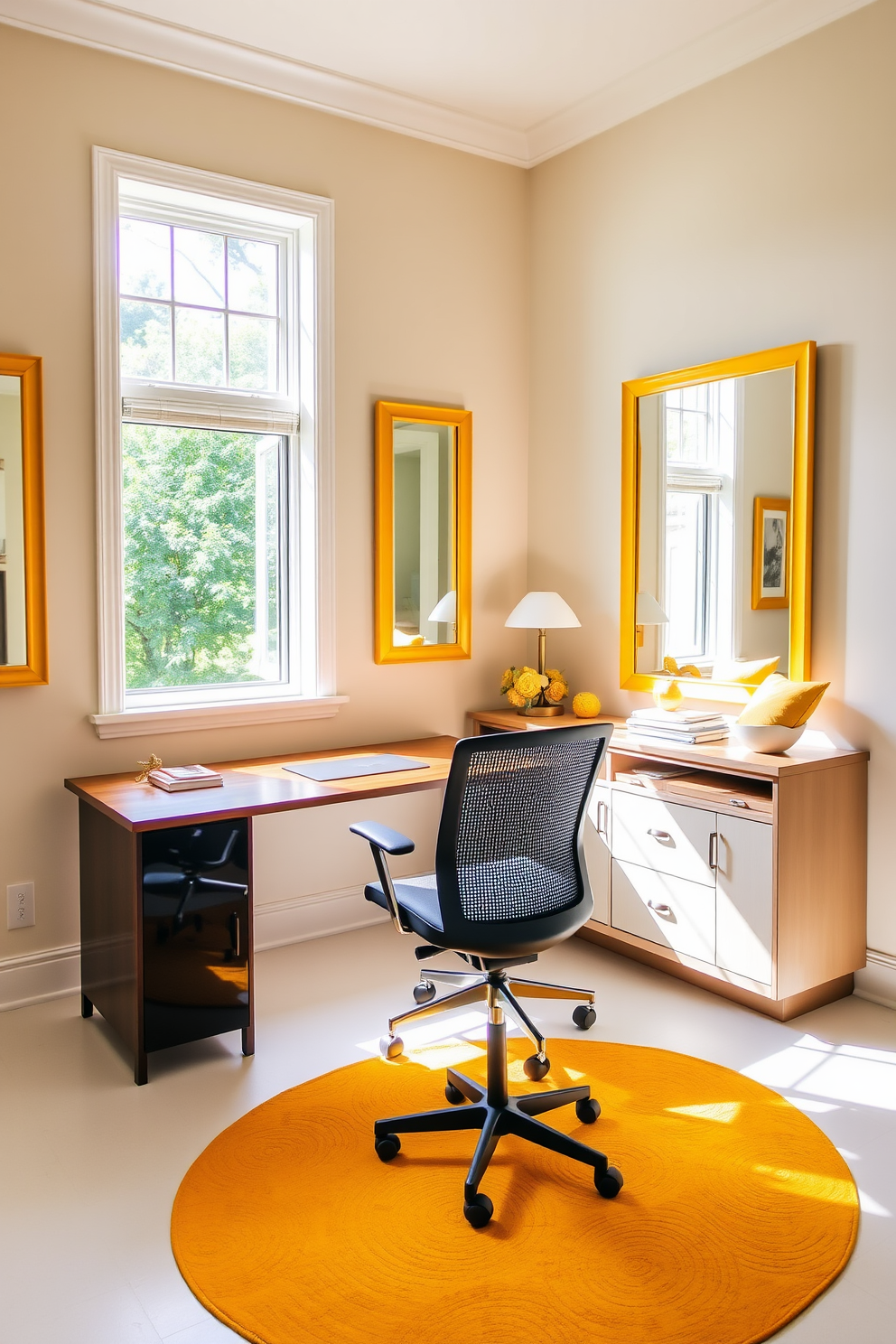 A bright and inviting home office space features yellow framed mirrors strategically placed to enhance natural light. The walls are painted in a soft cream hue, complemented by a sleek wooden desk and a comfortable ergonomic chair. The room is adorned with vibrant yellow accents, including a stylish area rug and decorative pillows. A large window allows ample sunlight to flood the space, creating an energizing and productive atmosphere.