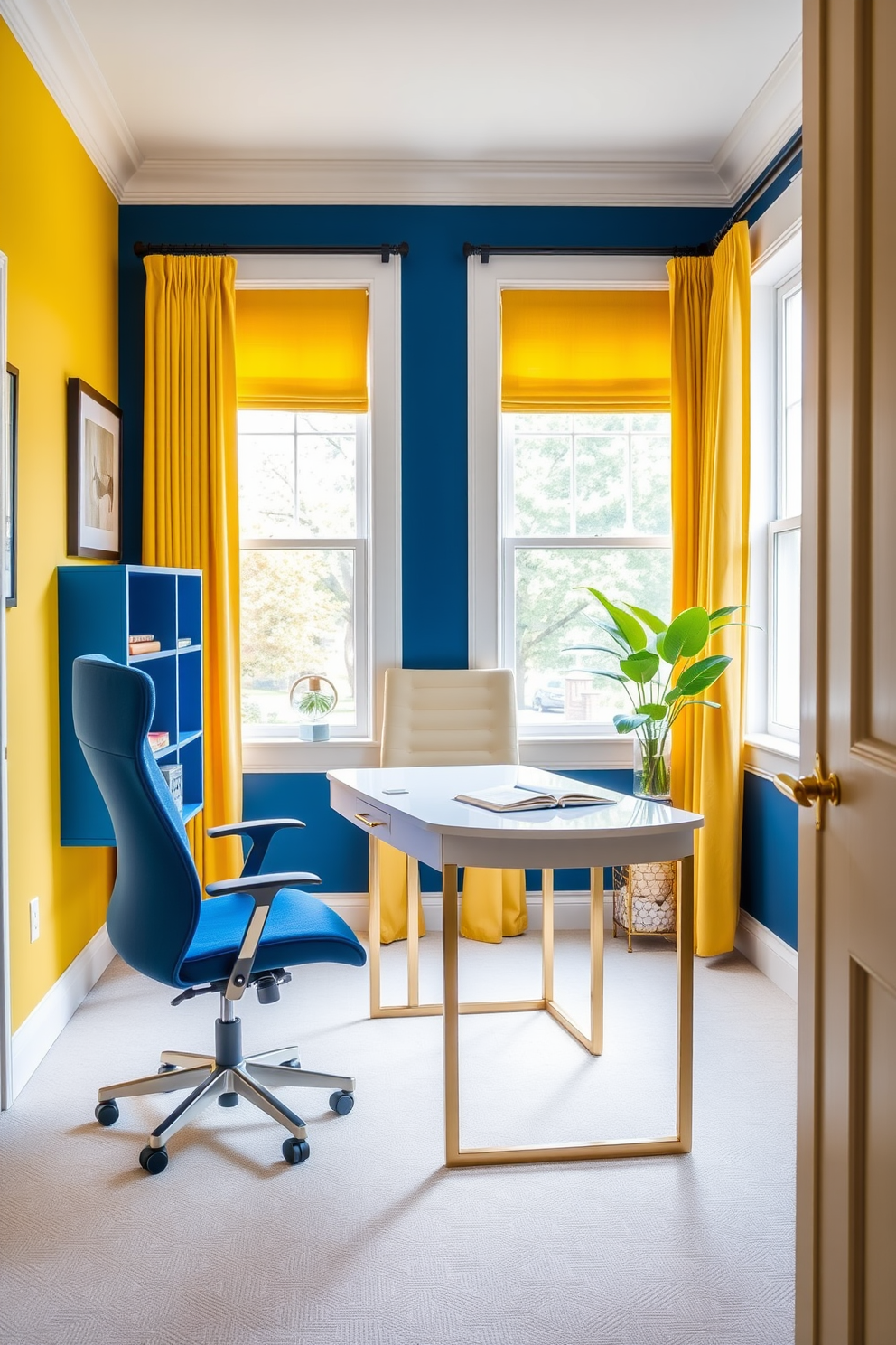 A stylish home office featuring yellow light fixtures that provide warm illumination. The room is designed with a modern desk, a comfortable ergonomic chair, and shelves adorned with books and decorative items. The walls are painted in a soft neutral tone to complement the vibrant yellow accents. A large window allows natural light to flood the space, enhancing the cheerful atmosphere.