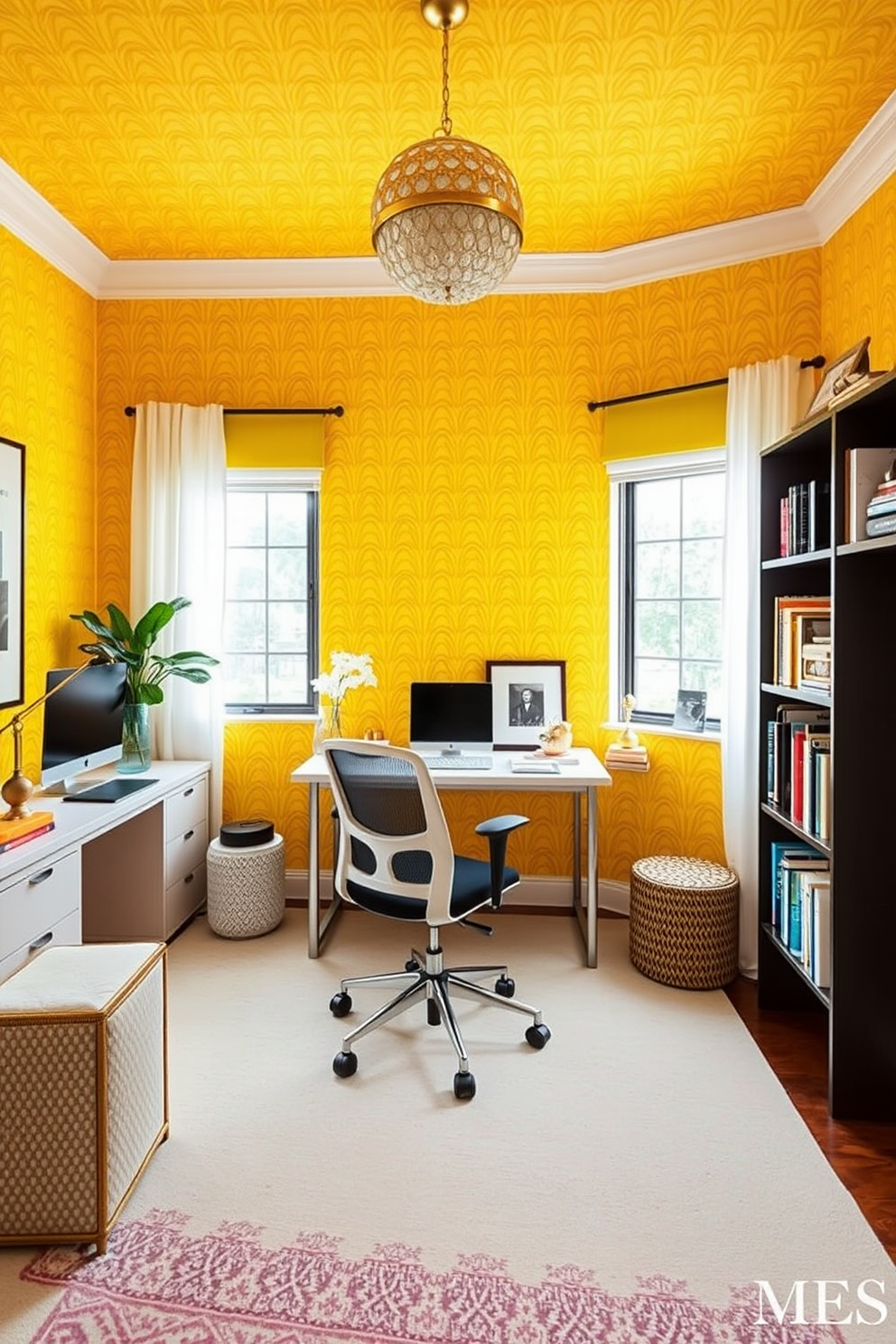 A bright and inviting home office featuring yellow accents paired with soft pastel shades. The walls are painted a warm yellow, complemented by pastel-colored furniture and decor that create a cheerful and productive atmosphere.