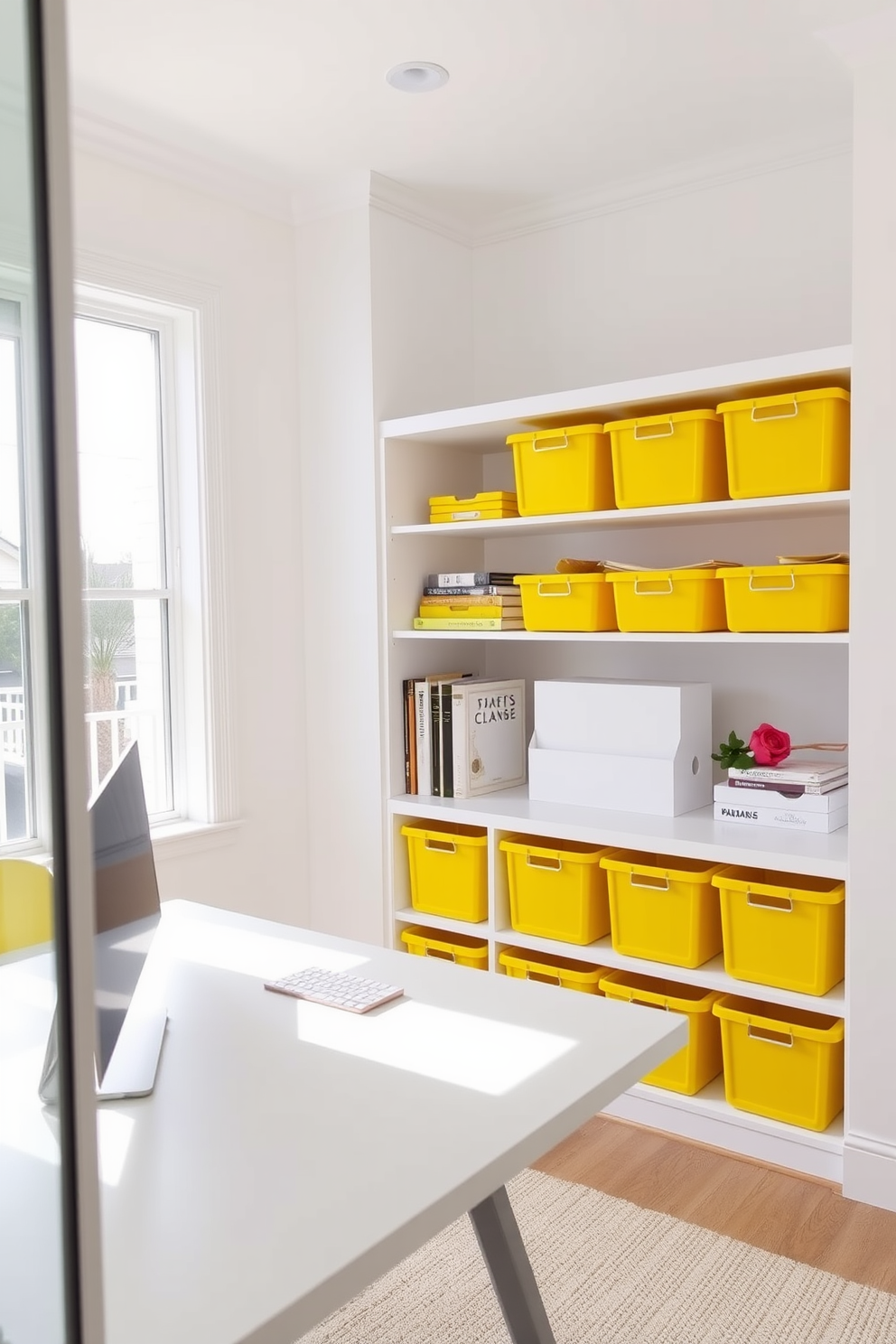 A bright and cheerful home office featuring yellow storage bins for organization. The room is filled with natural light, and the walls are painted in a soft white to enhance the vibrant yellow accents. The yellow storage bins are neatly arranged on open shelves, providing both functionality and a pop of color. A sleek desk with a modern design complements the cheerful atmosphere, making the space inviting and productive.