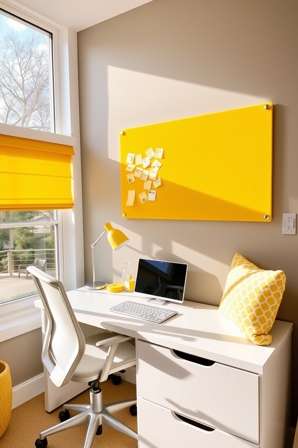 A bright yellow bulletin board is mounted on the wall, serving as a central feature for notes and ideas. Below the board, a sleek white desk with a comfortable ergonomic chair provides an inviting workspace. The home office is adorned with yellow accents, including a stylish lamp and decorative pillows. Large windows allow natural light to flood the space, enhancing the cheerful atmosphere.