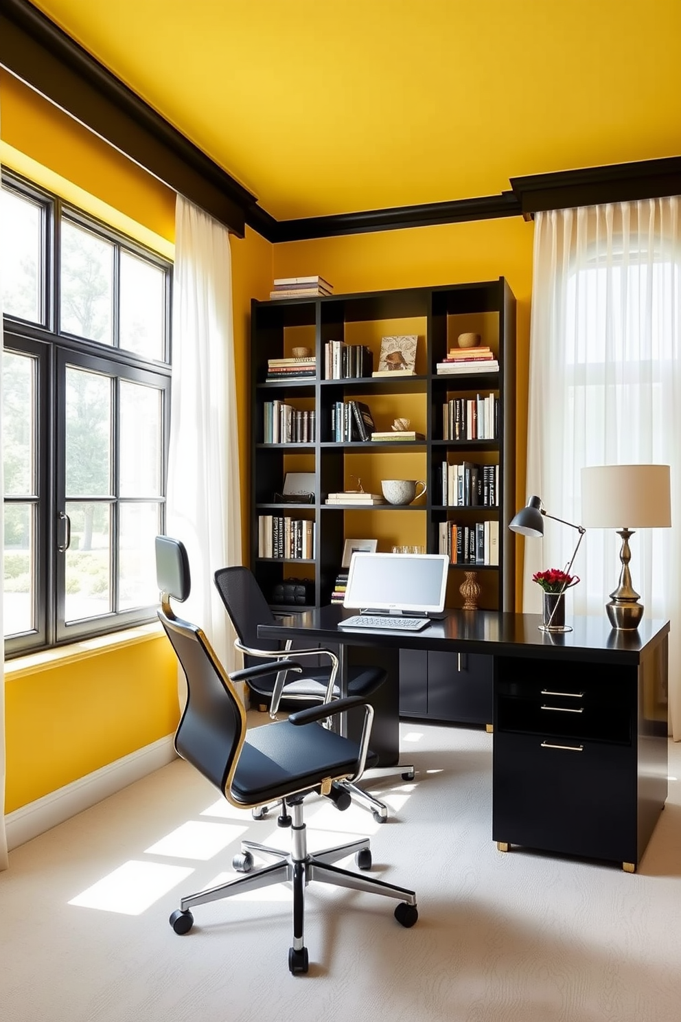 A sophisticated home office featuring a striking contrast of yellow and black. The walls are painted a vibrant yellow, while the furniture is sleek black, including a modern desk and ergonomic chair. Natural light floods the room through large windows adorned with sheer white curtains. A stylish black bookshelf filled with books and decorative items adds an element of interest to the space.