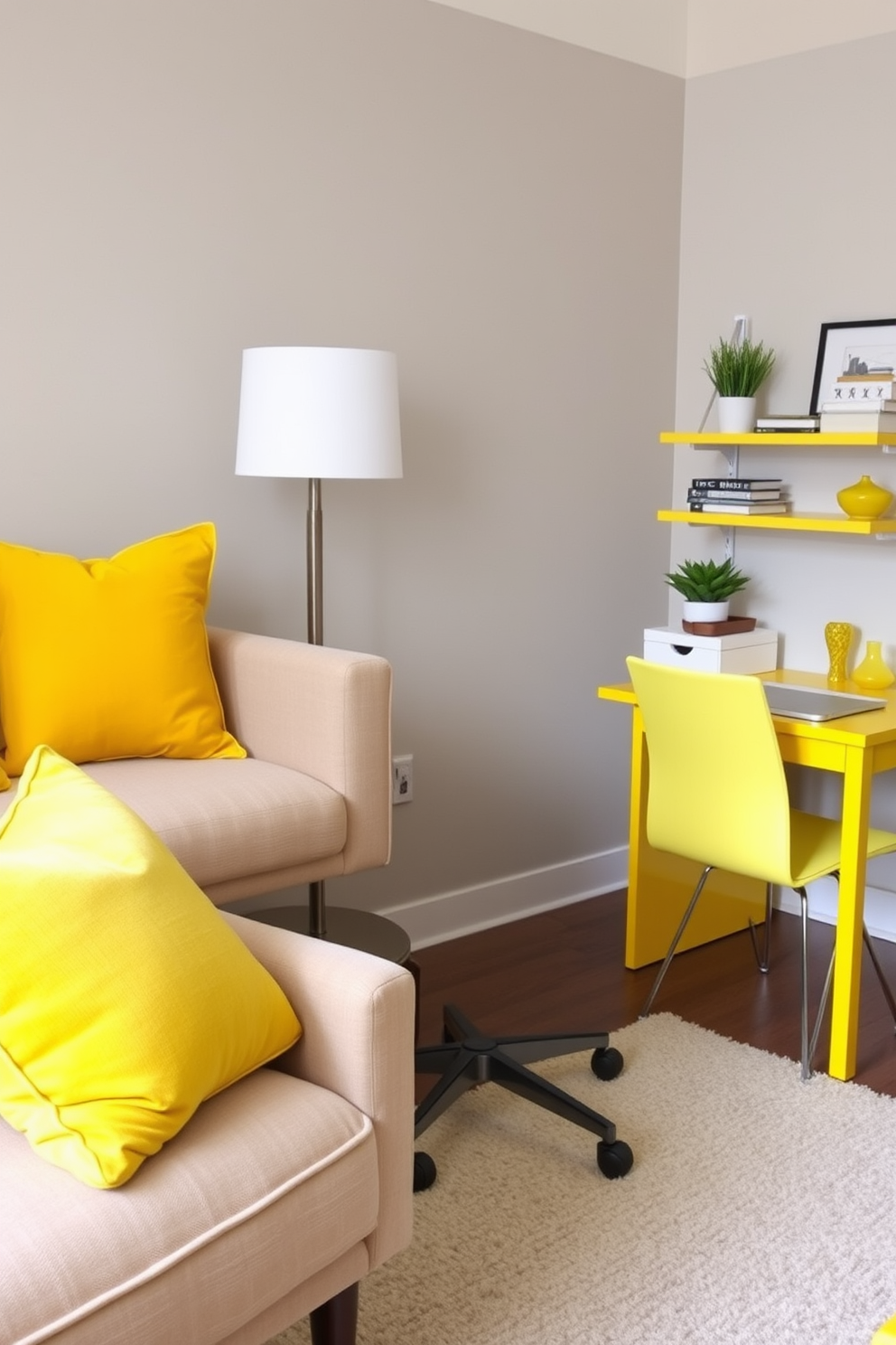 Create a cozy yellow reading nook. There is a plush yellow armchair positioned next to a large window, with soft natural light spilling in. A small round side table holds a steaming cup of tea and a stack of books. The walls are painted in a warm cream color, and a fluffy area rug adds comfort underfoot. Yellow home office design ideas. The workspace features a sleek yellow desk paired with an ergonomic chair, creating an inviting atmosphere. Shelves filled with books and decorative items line the walls, while a large potted plant adds a touch of greenery. Soft lighting from a stylish desk lamp enhances productivity and warmth in the space.