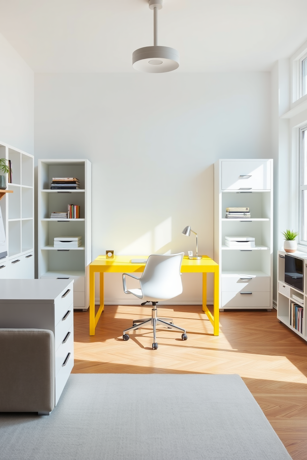 A bright yellow desk stands out in the home office, complemented by sleek white furniture that enhances the modern aesthetic. The walls are painted in a soft gray, creating a perfect backdrop for the vibrant yellow accents throughout the space. Natural light floods the room through large windows, illuminating the stylish decor and inspiring a productive atmosphere. Potted plants are strategically placed around the desk, adding a touch of greenery to the cheerful design.