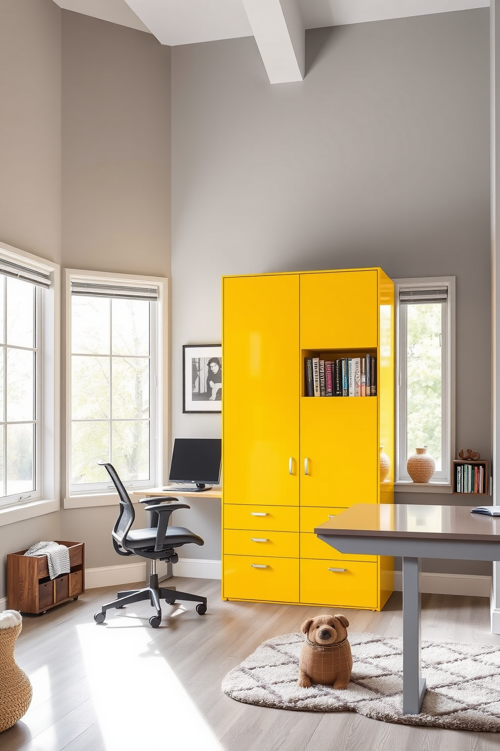 Bright yellow file cabinet stands prominently in a modern home office setting. The space features a sleek desk with a comfortable ergonomic chair, and large windows allow natural light to flood the room. The walls are painted in a soft gray, creating a stylish contrast with the vibrant cabinet. A cozy reading nook with a small bookshelf and a plush rug adds warmth and personality to the design.