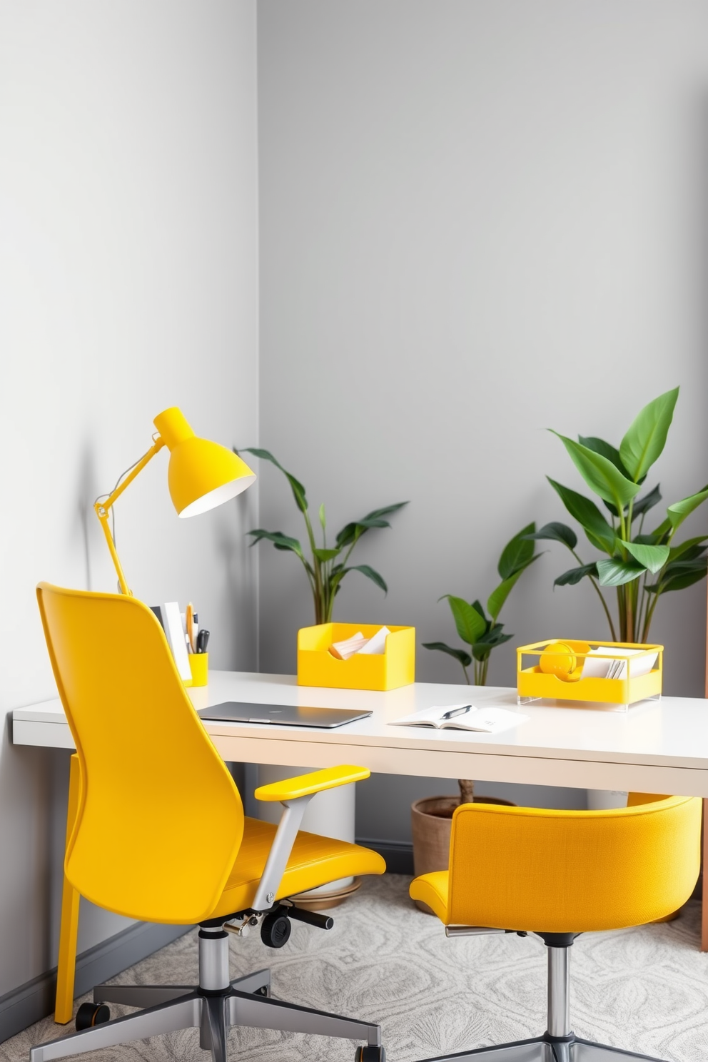 A bright yellow desk lamp sits on a sleek white desk, providing focused lighting for an inspiring workspace. The walls are painted in a soft gray tone, complementing the vibrant yellow accents throughout the room. The home office features a modern ergonomic chair paired with a stylish yellow rug that adds warmth to the space. Large windows allow natural light to flood in, creating an inviting atmosphere perfect for productivity.