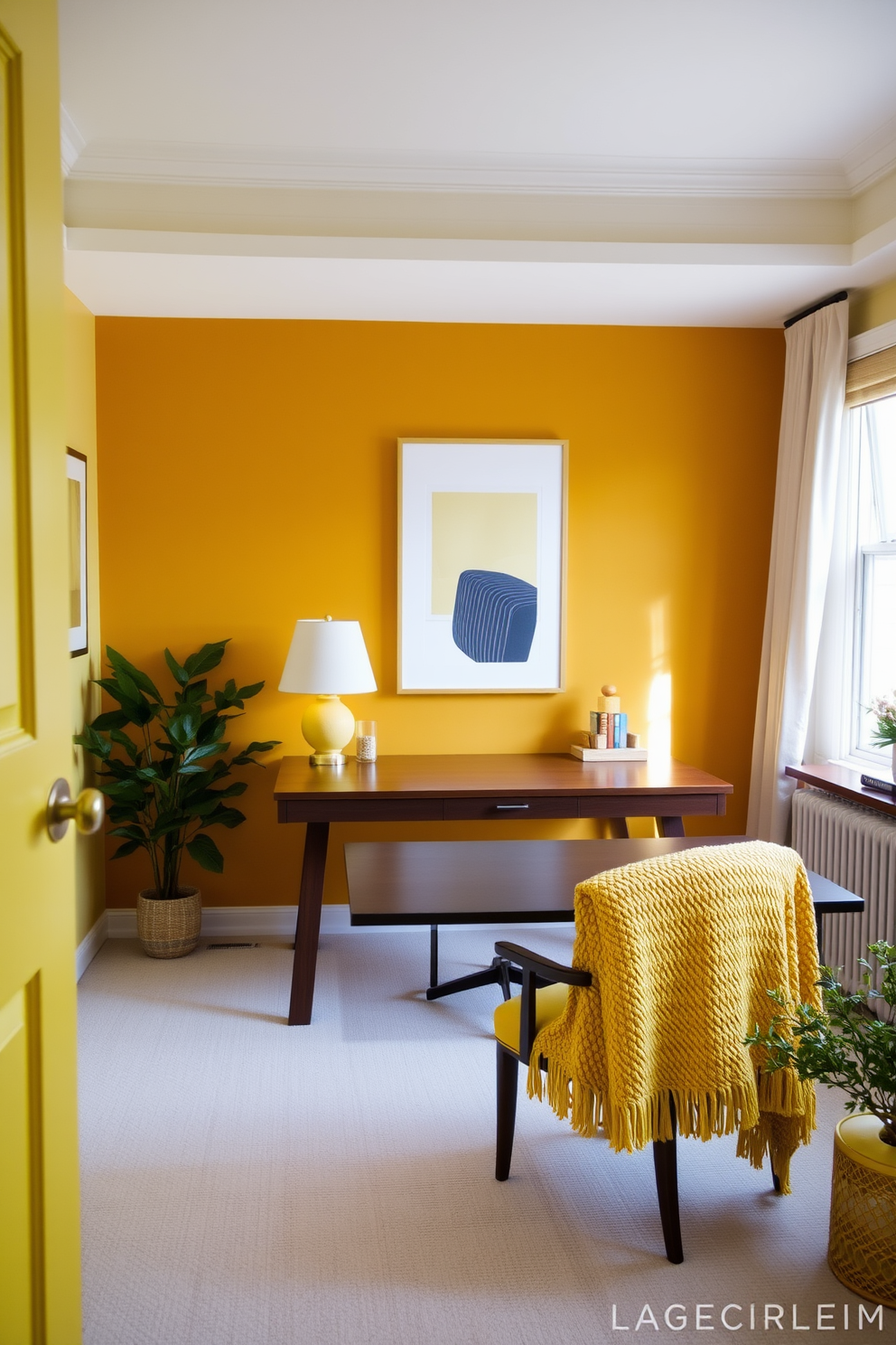 A cozy home office featuring layered yellow textures that create depth and warmth. The walls are painted a soft buttery yellow, complemented by a rich mustard accent wall behind the desk. A sleek wooden desk sits in the center, adorned with a stylish yellow lamp and a textured yellow throw on the chair. The room is filled with natural light, enhancing the inviting atmosphere created by the various shades of yellow throughout the space.