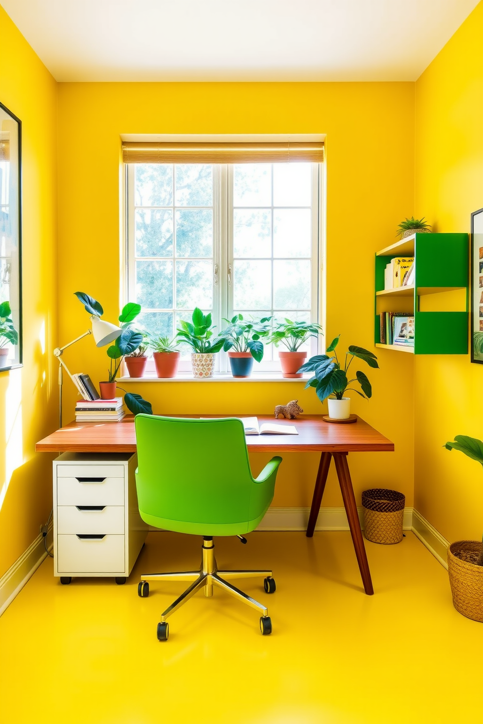 A bright yellow home office filled with natural light. The walls are painted a cheerful yellow, complemented by green accents in the decor and furnishings. A sleek wooden desk sits in the center, adorned with a stylish green chair. Potted plants are placed on the windowsill, adding a touch of nature to the vibrant workspace.