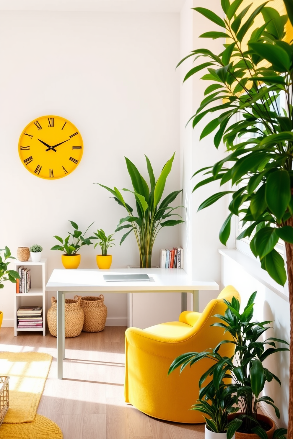 A cheerful home office space featuring a bright yellow desk with sleek lines and a comfortable ergonomic chair. On the wall behind the desk, there is a large pinboard adorned with colorful notes and inspirations, while a yellow clock adds a fun touch to the overall design. The room is illuminated by natural light streaming in through a large window, complemented by sheer white curtains. A vibrant area rug in shades of yellow and gray anchors the space, while potted plants bring a refreshing green element to the decor.