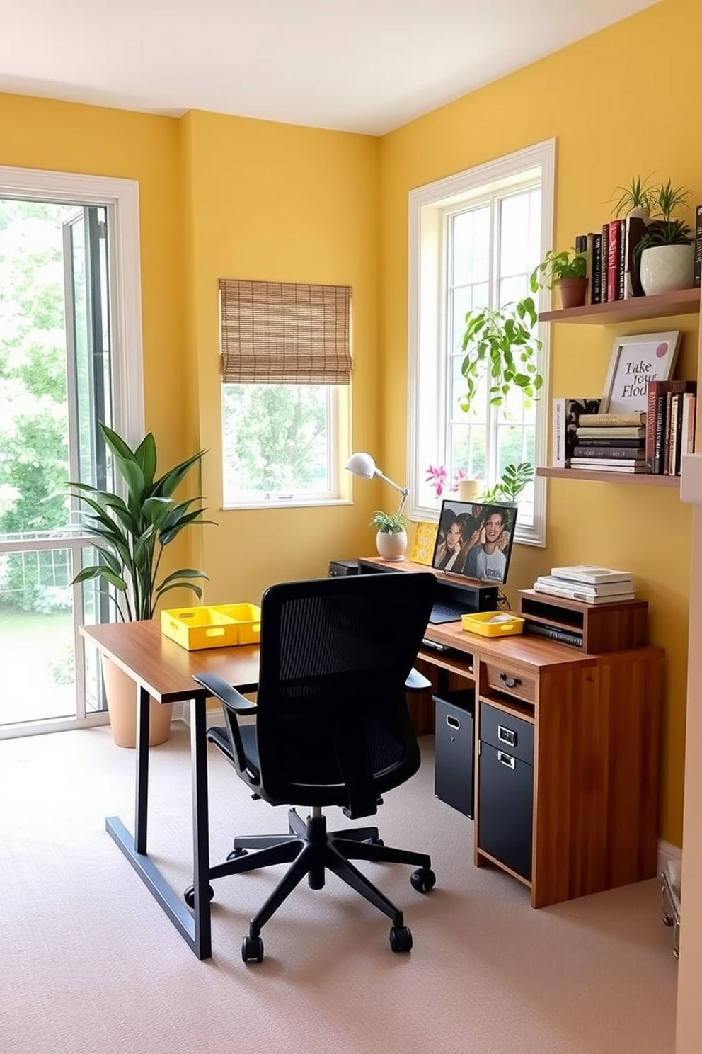 A vibrant home office filled with natural light. The walls are painted a soft yellow, and a sleek wooden desk sits against one wall, adorned with yellow decorative trays for stylish organization. A comfortable ergonomic chair complements the desk, while a large window offers a view of greenery outside. Shelves filled with books and plants add a touch of warmth to the space, enhancing the overall cheerful ambiance.