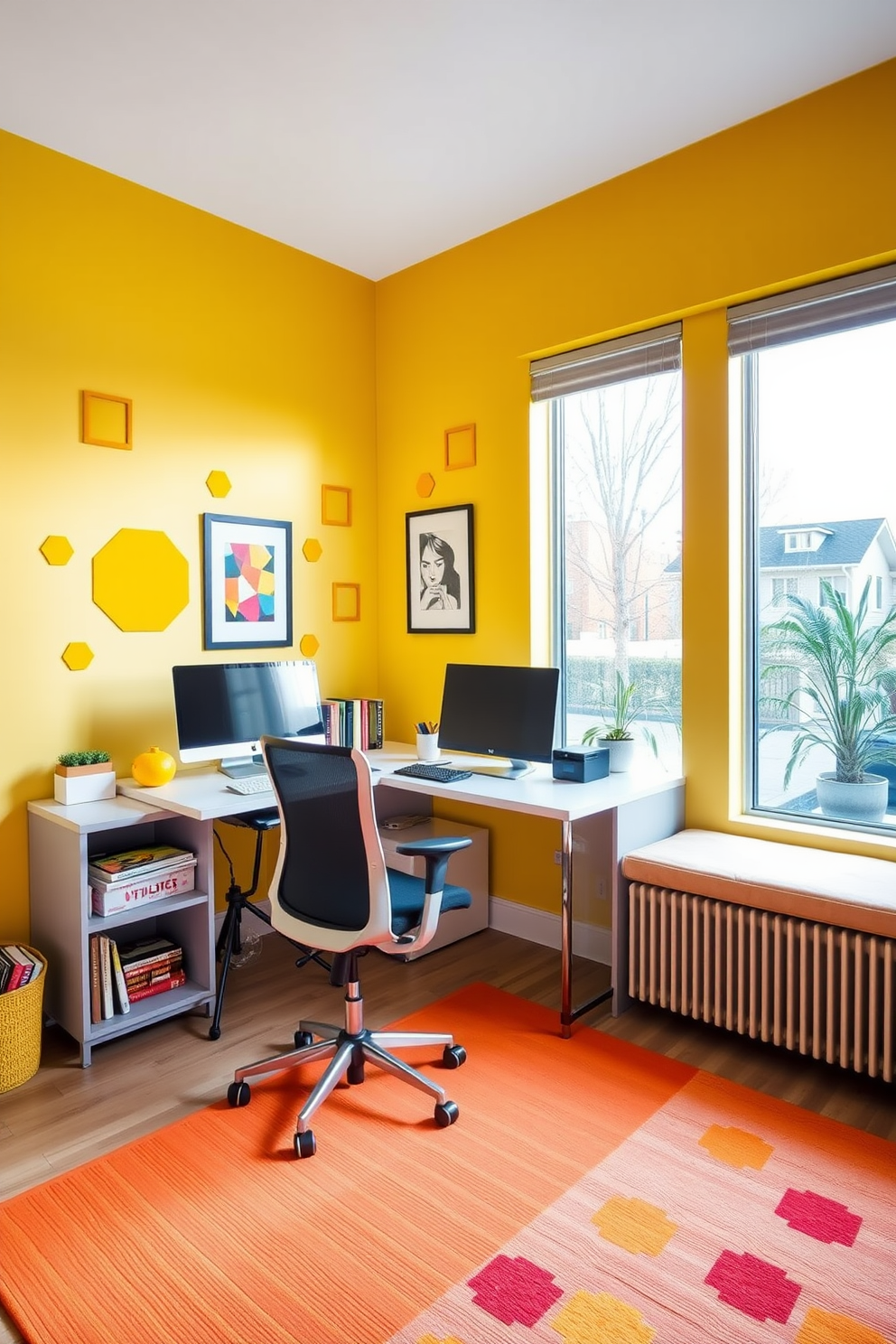 A vibrant home office featuring dark yellow walls that create a warm and inviting atmosphere. The room is accented with a sleek black desk and a comfortable ergonomic chair, complemented by a large window that allows natural light to flood in. Decorative elements include a bright abstract painting on the wall and a stylish bookshelf filled with colorful books. A plush area rug in neutral tones adds texture, while a potted plant in the corner brings a touch of nature indoors.